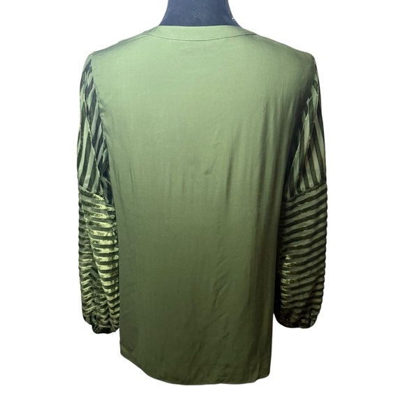 Soft Surroundings | Dark Green Balloon Sleeve Blouse with Velvet Stripe Sleeves - Picture 5 of 8